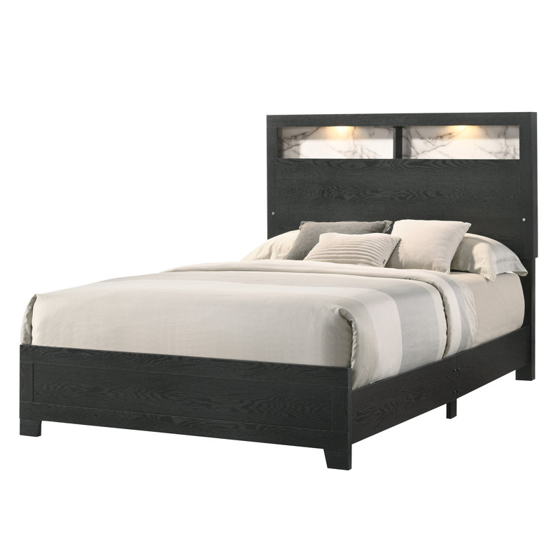 Grand lit à panneau, tête de lit haute rehaussée à DEL, faux marbre, tablettes, lit moderne pour tête de lit à rallonge, avec dossier, contemporain