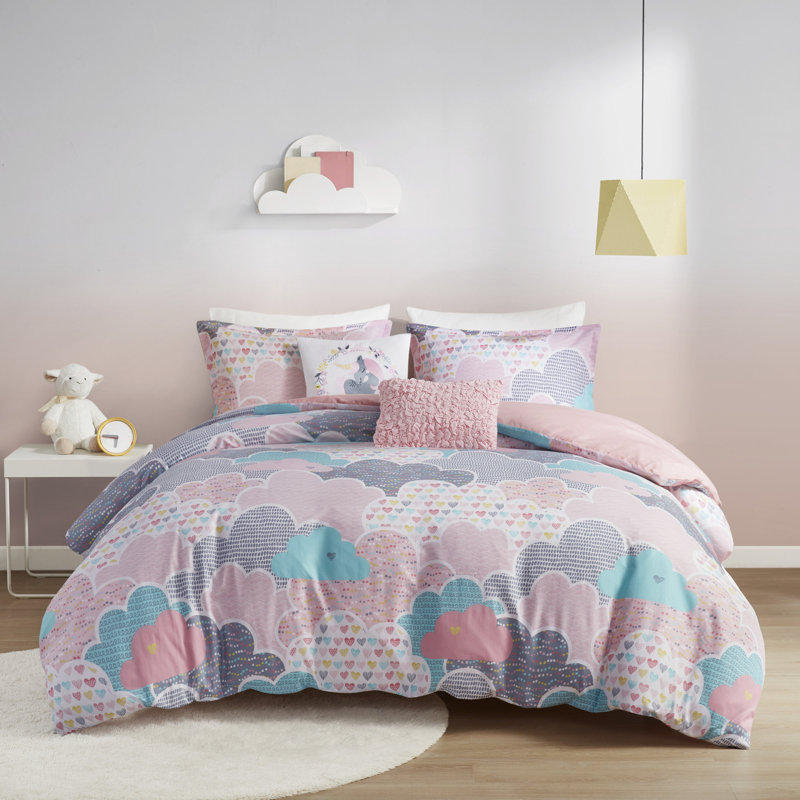 Ensemble d'édredon en coton Cloud, Édredon simple + 1 taie décorative + 2 coussins, Rose