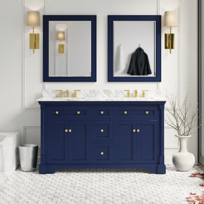 Fossen 60" Double Bathroom Vanity Set with Royal Blue Cabinet and Carrara Marble Countertop