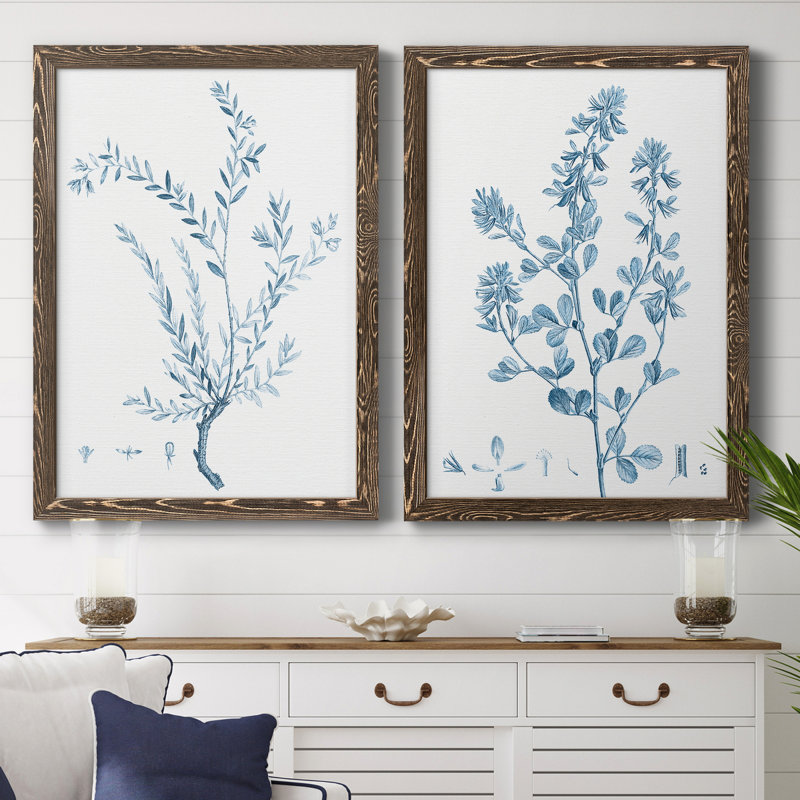 "Antique Botanical In Blue VII", ensemble de 2 peintures sur toile encadrées, H 37,5 po x l 55 po x P 1,5 po