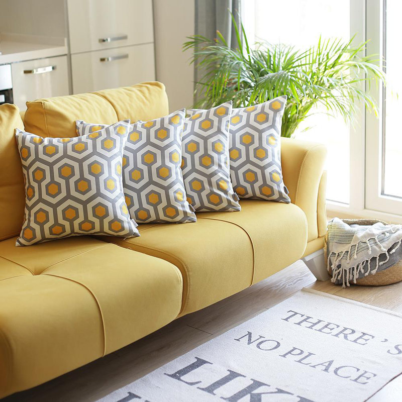 Geometric Gray and Yellow Polyester Pillow Covers Set of 4