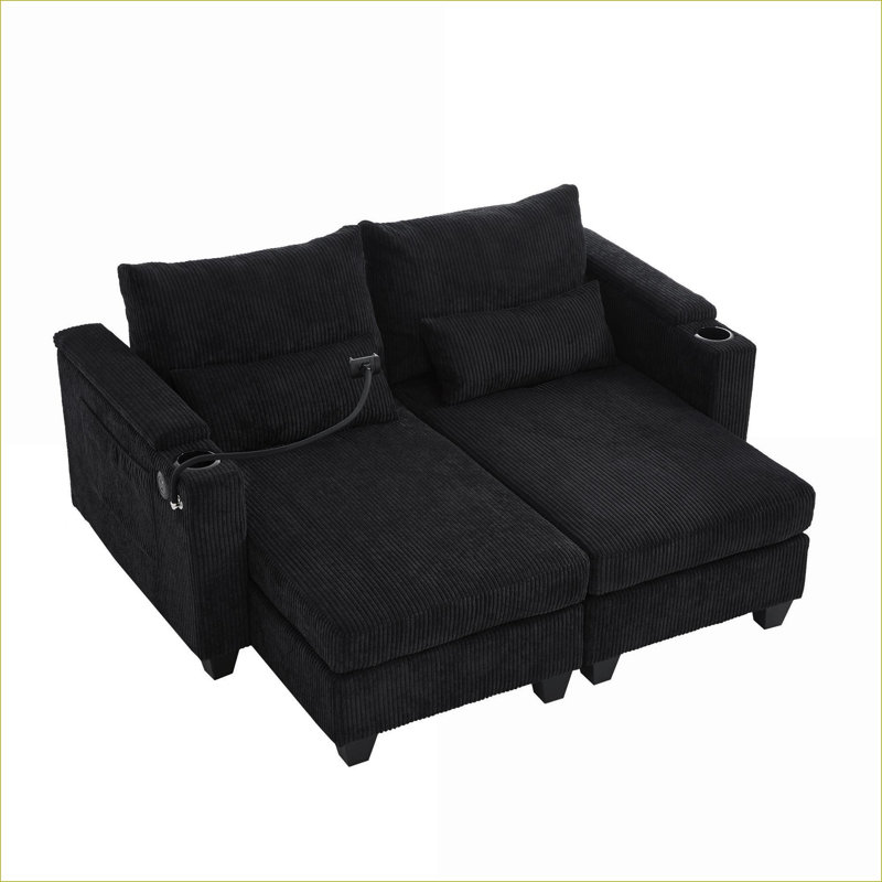 Causeuse-lit convertible moderne de 63 po avec ports USB pour le salon et la chambre à coucher | Noir | Velours côtelé Sofas