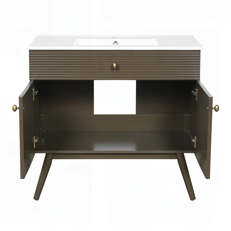 Meuble-lavabo rayé de luxe 36 po, double rangement à fermeture en douceur et lavabo en céramique de qualité supérieure