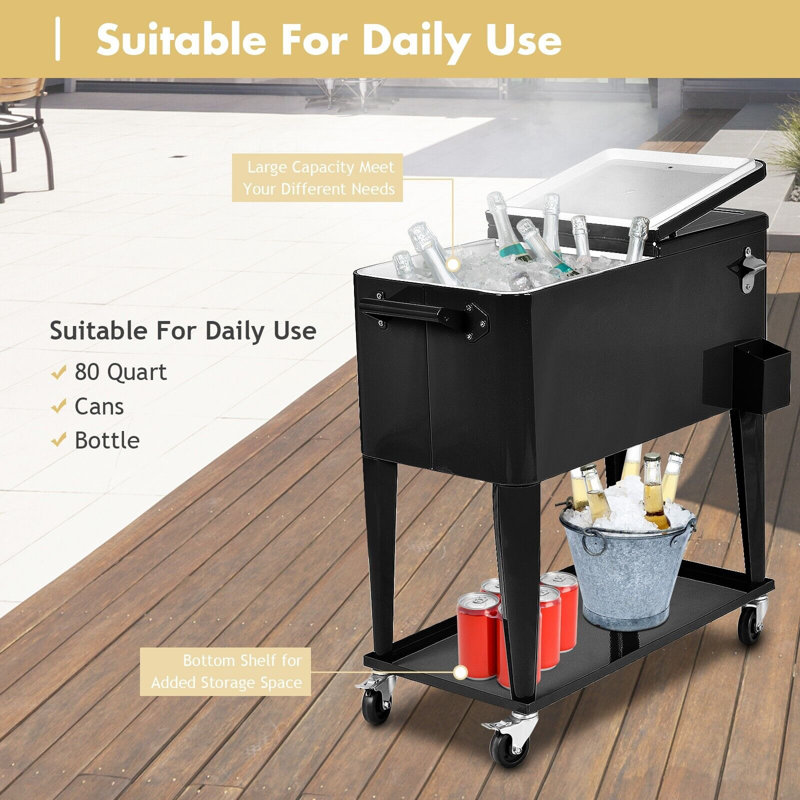 76L Stainless Steel Ice Chest Rolling Cooler Cart Outdoor Wicker Tub Trolley