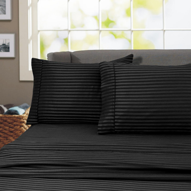 Hotel London Egyptian Cotton Striped Sheet Set, Full Sheet Set with 2 Pillowcases, Black