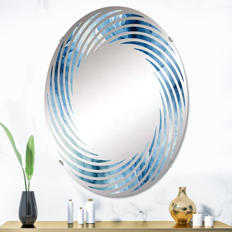 Bleu et blanc Shibori Marble Ink II - miroir mural spirale ovale, L 24 po x H 36 po