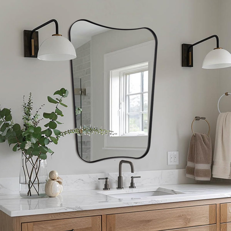 Miroir de salle de bain Contemporary Cadre en acier inoxydable, 38 po x 26 po, Noir mat