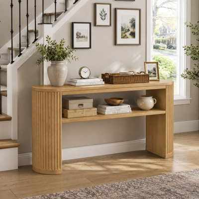 Vintage Oval Hallway Accent Table with Ash Veneer Top, Sculptural Fluted Legs, and Open Shelf – Entryway, Hallway, or Sofa Back