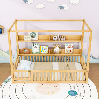 Wood Canopy Bed With Shelves And Guardrails