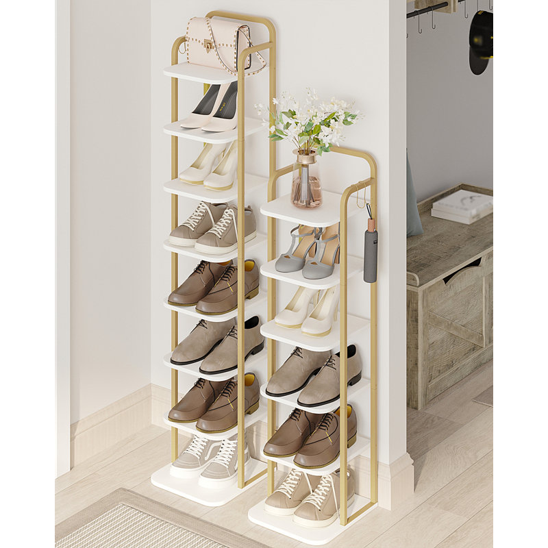 Vertical Shoe Rack, Shoe Shelves, Wood Shoe Organizer for Closet, Entryway, Shoe Tower for Small Spaces, Free Standing, Adjustable, with 2 Hooks