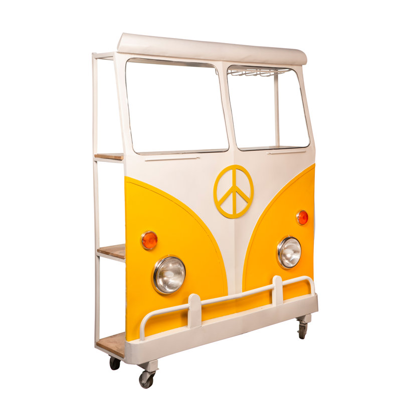 Inacio Mango Wood and Iron Bar Cart with Storage and Rolling Wheels, Yellow