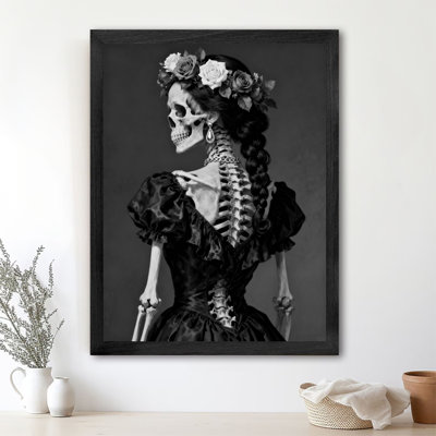 Black Framed Vintage Day of the Dead - Women's Wreath of Death Wall Art Retro Style Framed Prints