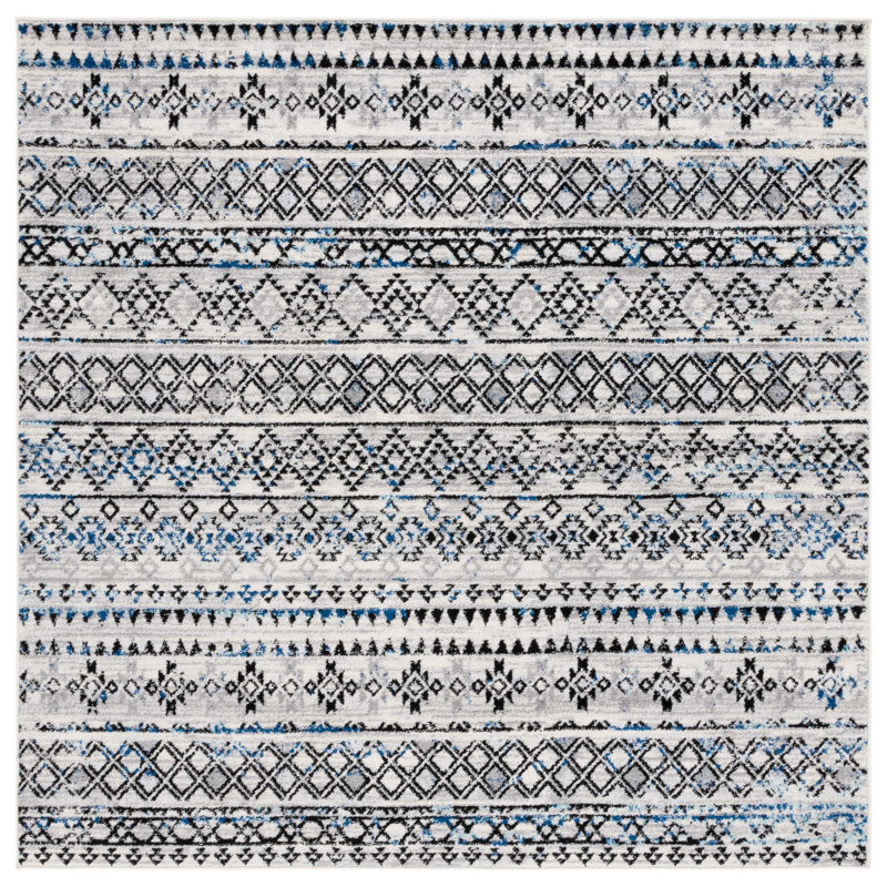 Tapis gris ivoire / bleu gris Sachiko, Carré 6 pi 7 po