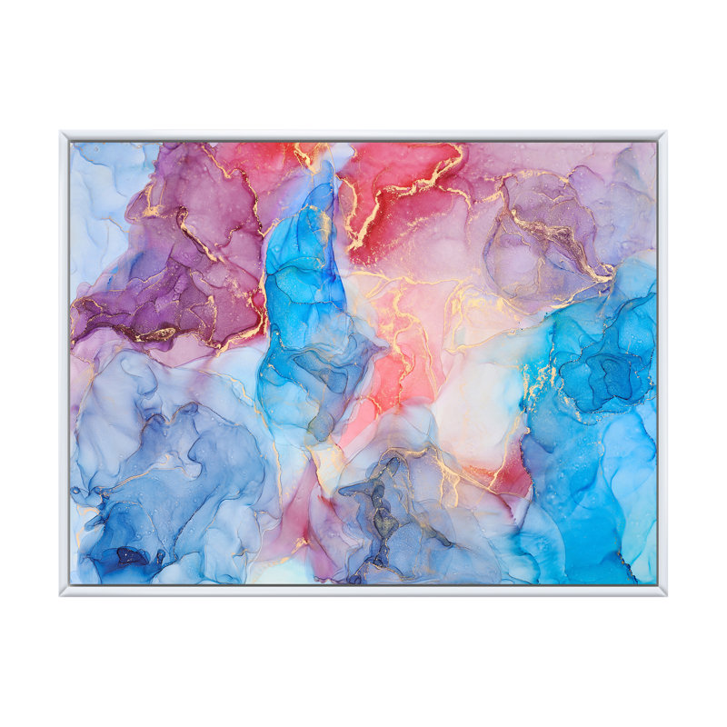 Bleu et mauve luxueux abstrait fluide VI - peinture sur toile, H 12 po x l 20 po x P 1 po, Cadre flottant blanc