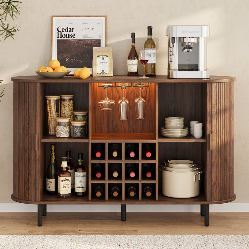 Armoire de bar 54,6 po avec tablettes réglables et lumières RVB, armoire à vin avec porte-verre et support à vin, Noyer