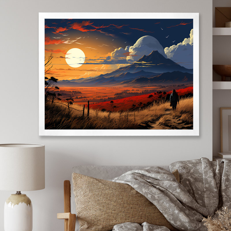 Coucher de soleil au coucher du soleil, Pathway Landscape III - Art mural paysage, Cadre de coin blanc fermé