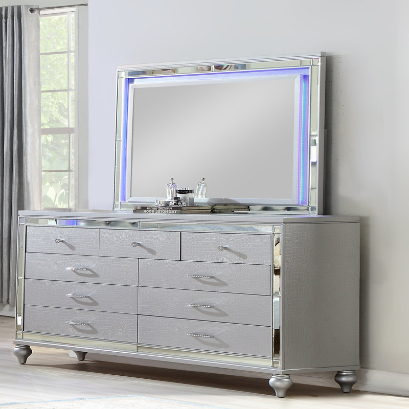 Commode 9 tiroirs avec cadre en miroir, Argent argent
