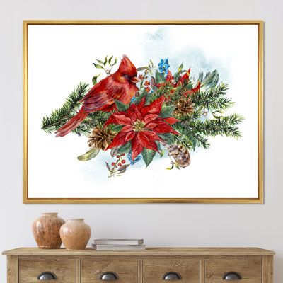 Poinsettia de Noël et oiseau cardinal rouge - impression sur toile