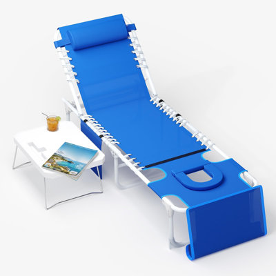 Fauteuil de bronzage avec trou pour le visage 3-en-1, fauteuil de plage 5 positions avec table d'appoint, capacité de 330 lb - bleu