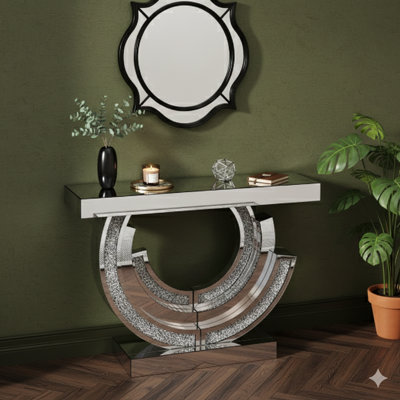 Three C-Shaped Console With Crushed Diamond Mirror Finish, Hotel-Style Hall Table Or Statement Living Room Diamond Console