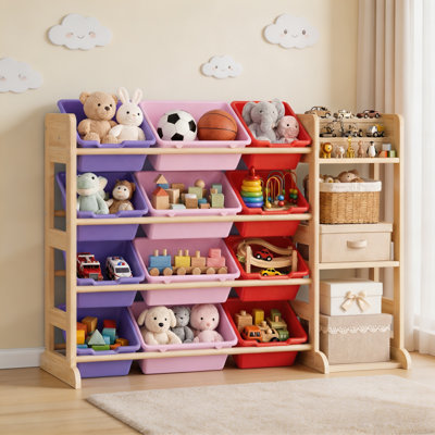 Organisateur de rangement pour jouets pour enfants, bibliothèque en bois massif de 42 po avec 12 bacs et 3 tablettes ouvertes pour salle de jeux / chambre de bébé / chambre à coucher - Magenta