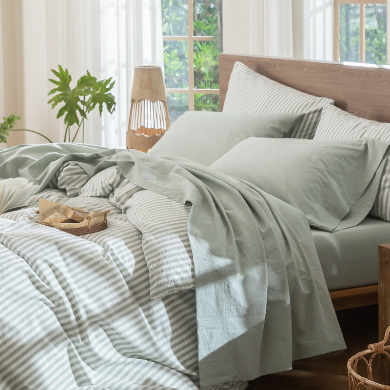 Ensemble de draps MooMee, Ensemble de draps pour très grand lit avec 2 taie, Vert sauge