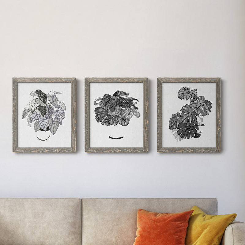 B&W d'intérieur plante I - ensemble de 3 peintures sur toile encadrées, H 20 po x l 51 po x P 1,5 po, gris