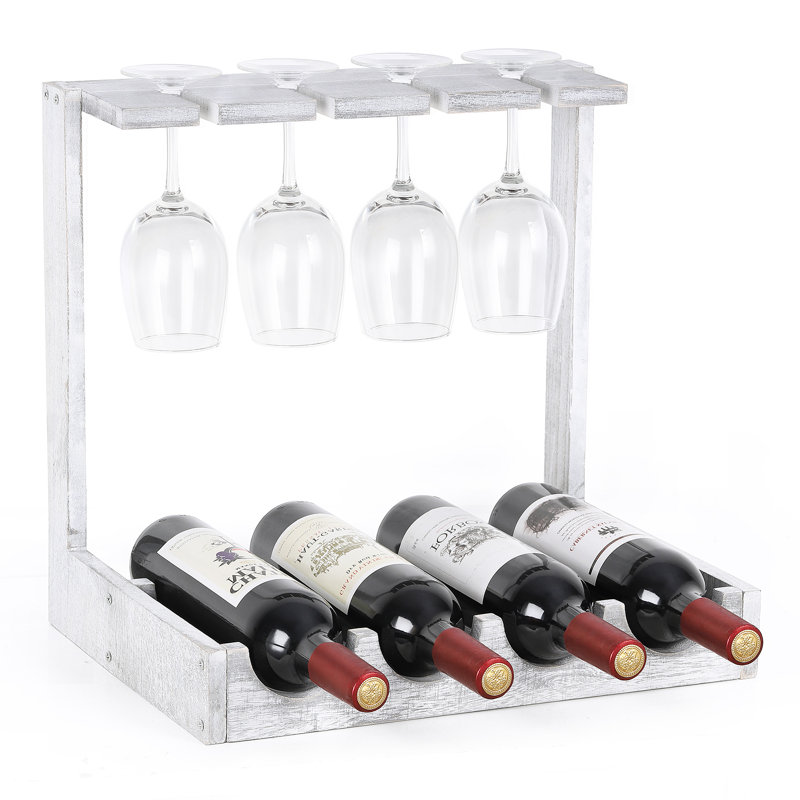 Support à vin en bois pour porte-bouteilles avec 4 bouteilles blanc grisâtre
