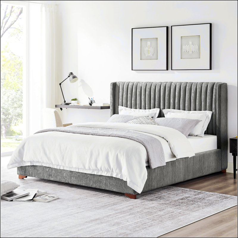 Modern Design Bed Frame Upholstered Queen Bed Frame Platform With Headboard Corduroy Headboard Wooden Slats Support, King