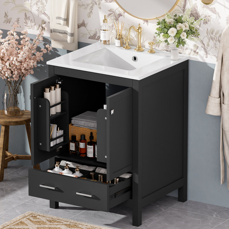 Meuble-lavabo de 24 pouces avec lavabo encastré et armoire de rangement intégrés, Noir