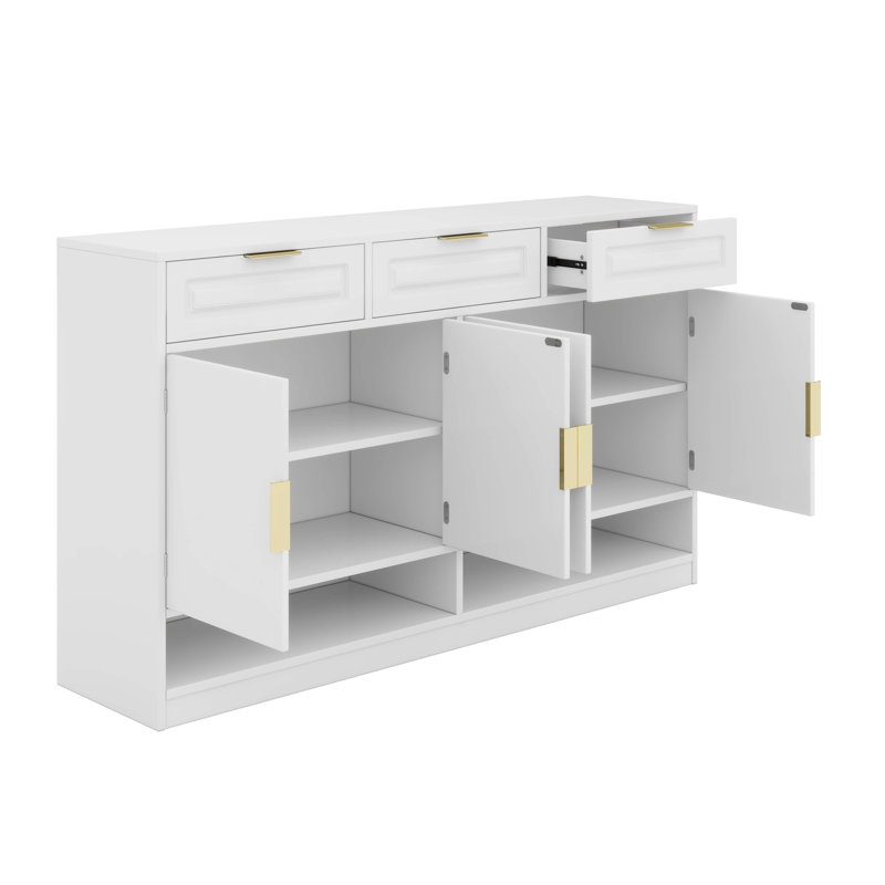 Buffet de style campagnard avec 3 tiroirs et 4 portes, tablette réglable et compartiments de présentation ouverts, Blanc