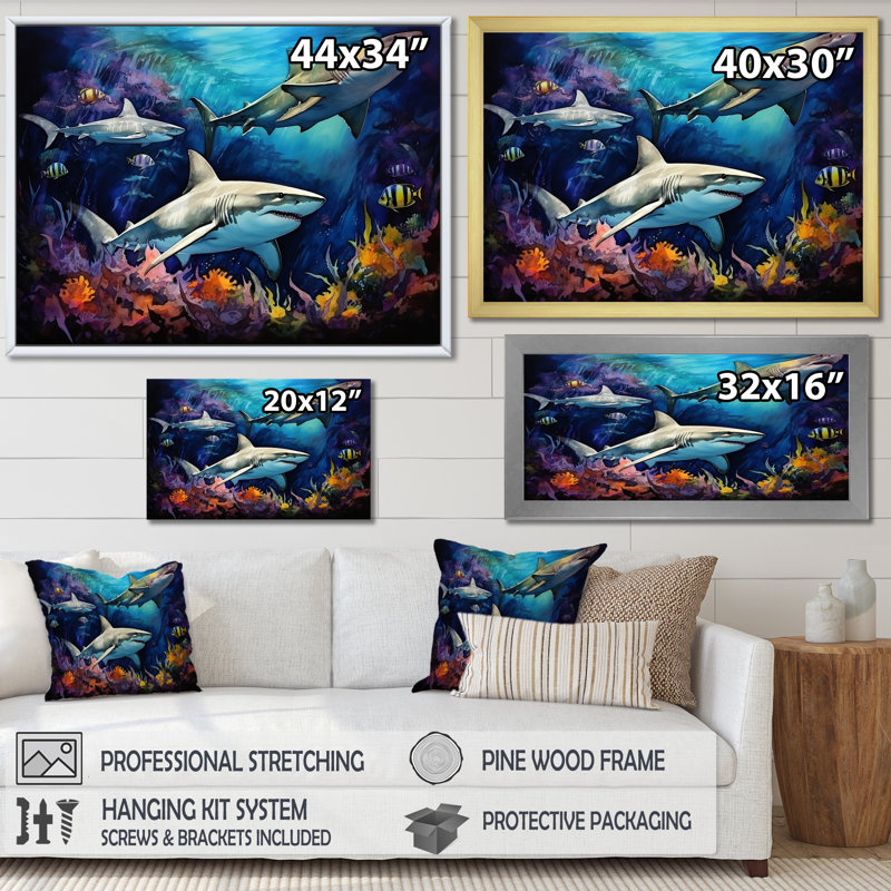 Shark Haven Under Water Painting - Shark Wall Art, 30" H x 40" W x 1.5" D, White Single Picture Framed