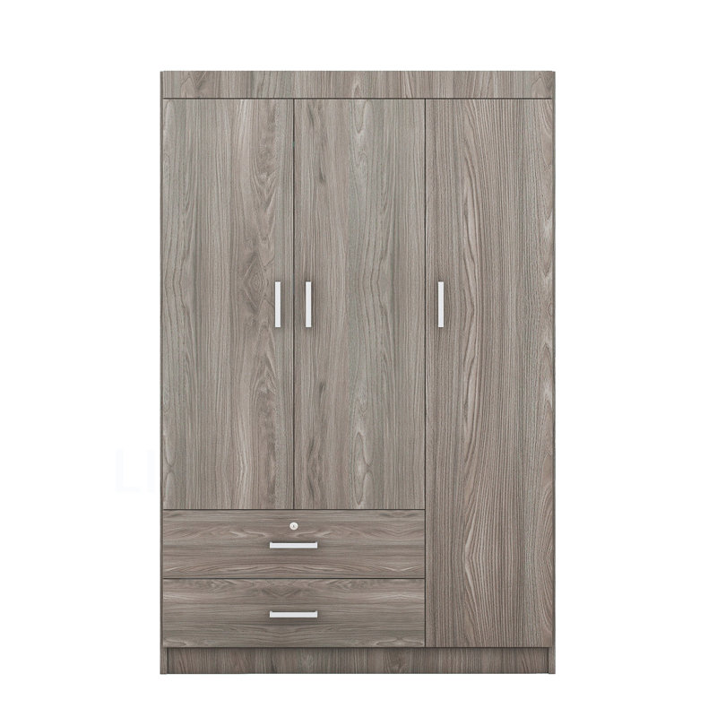 3-Door Wardrobe With 2 Drawers, Wood Grain Effect, Gray