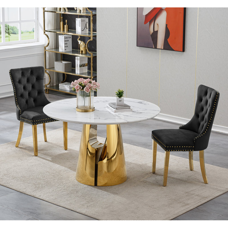 Dining Table Set, 45" Round Marble Dining Table with Velvet Dining Chairs, Circle Kitchen Table Set with Base, Dining Room Table and Chairs Set