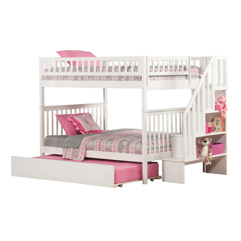 Nala Kids Staircase Bunk Bed with Trundle Bed, Full Over Full, White