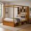 Lit à baldaquin en bois massif avec tête de lit bibliothèque, prises USB et éclairage DEL RVB intelligent, sommier avec rangement sous le lit, tiroir au pied du lit et garde-robe réversible, finition noyer-945022950-945022955
