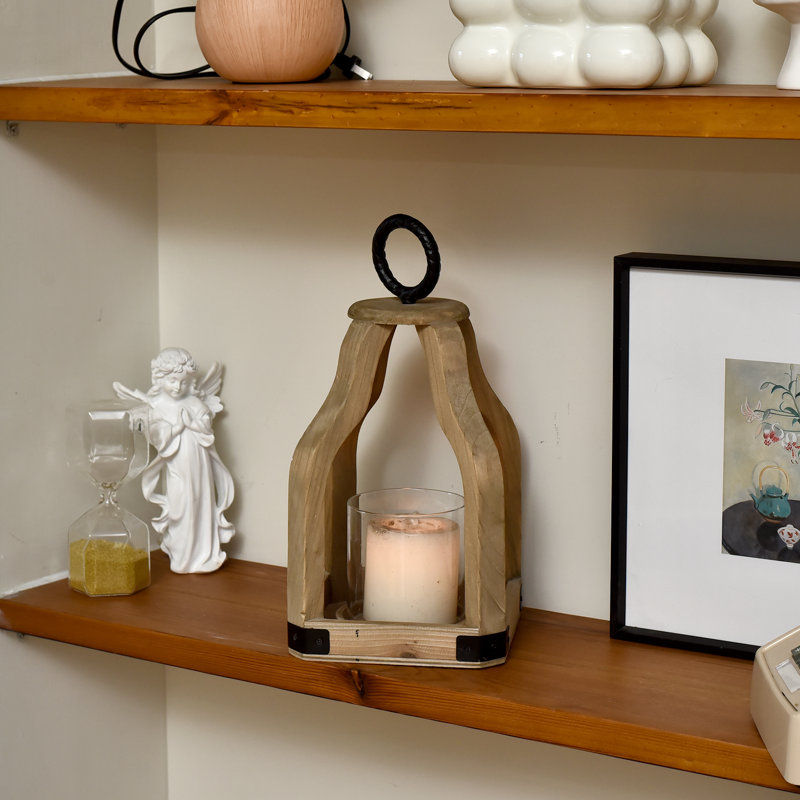 13" Rustic Farmhouse Wood Candle Hurricane Lantern With Glass Candlestick Holder For Patio, Table Centerpiece, Brown
