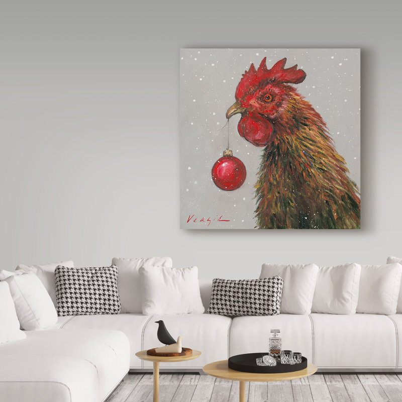 «Rooster With Red Xmas Ball», reproduction d'art sur toile tendue, H 24 po x l 24 po x P 2 po