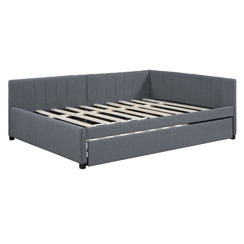 Upholstered Daybed Frame With Trundle Sofa Bed Frame Linen Fabric Bed Frame, Gray, Full / Double