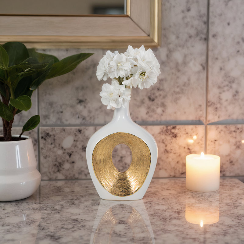 Vase de table en céramique Vannorman , Blanc / Doré, H 13 po x l 9 po x P 3 po