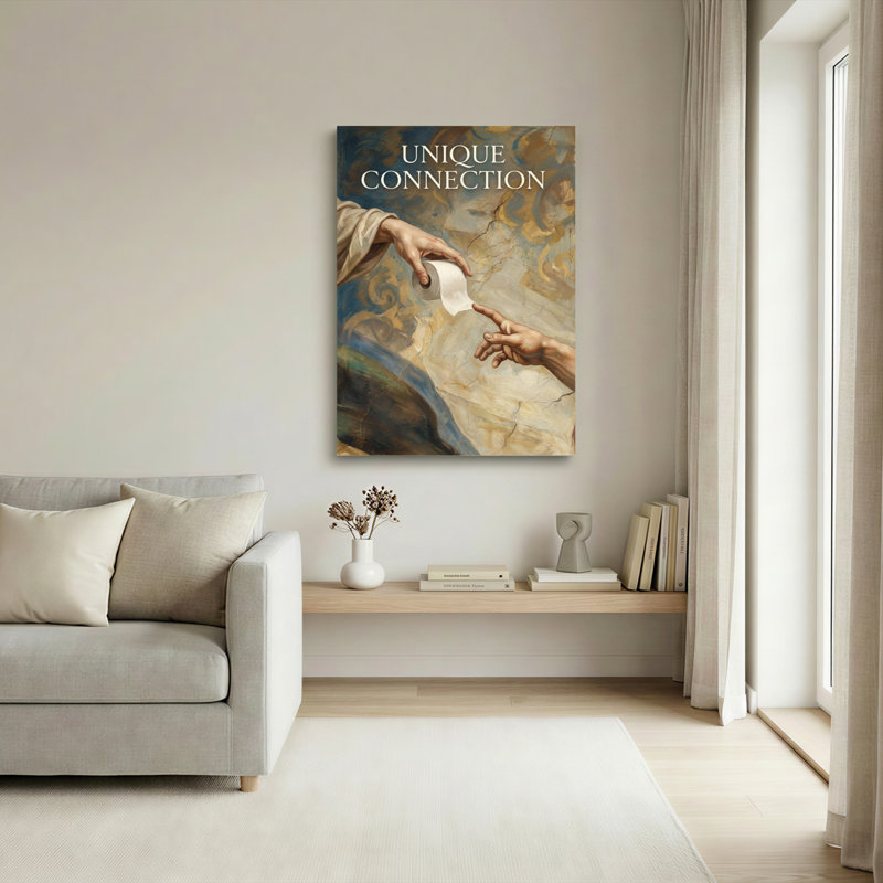 Tableau unique sur toile tendue représentant du papier de toilette et des mains divines, inspiré d'une scène de la Création, idéal pour la décoration du salon ou du bureau.
