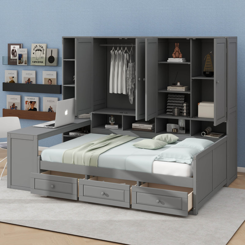Lit de jour en bois avec trois tiroirs, rangement intégré et espace de travail, Lit double, Gris