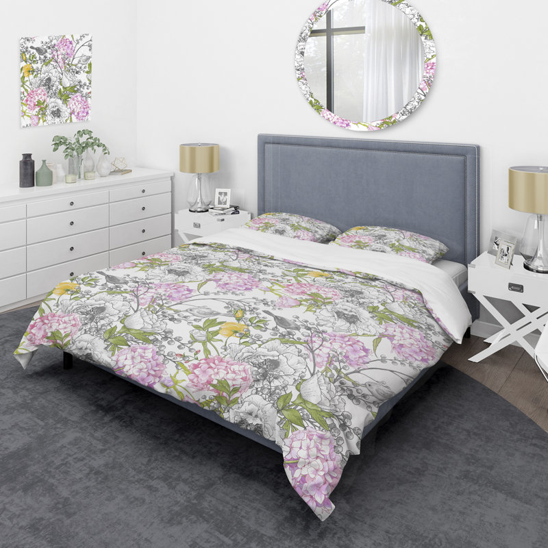 Feuille verte et roses roses - Ensemble de housse de couette floral - Polyester en microfibre