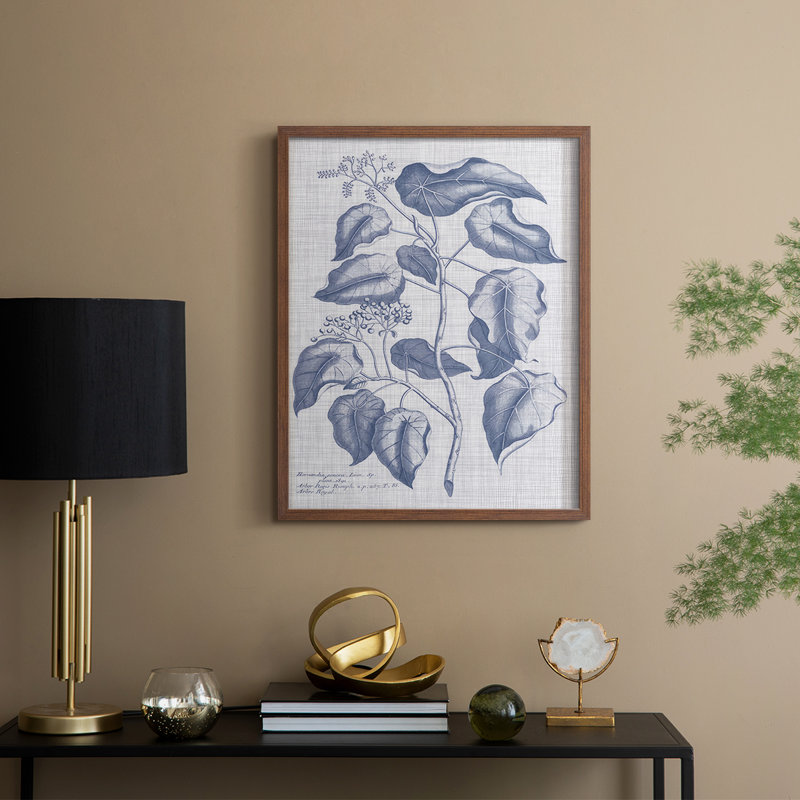 Bleu marine et lin, reproduction botanique encadrée - bois massif, H 11 po x l 9 po, Noyer