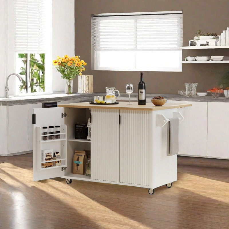 Fluted Kitchen Island with Drop Leaf, White