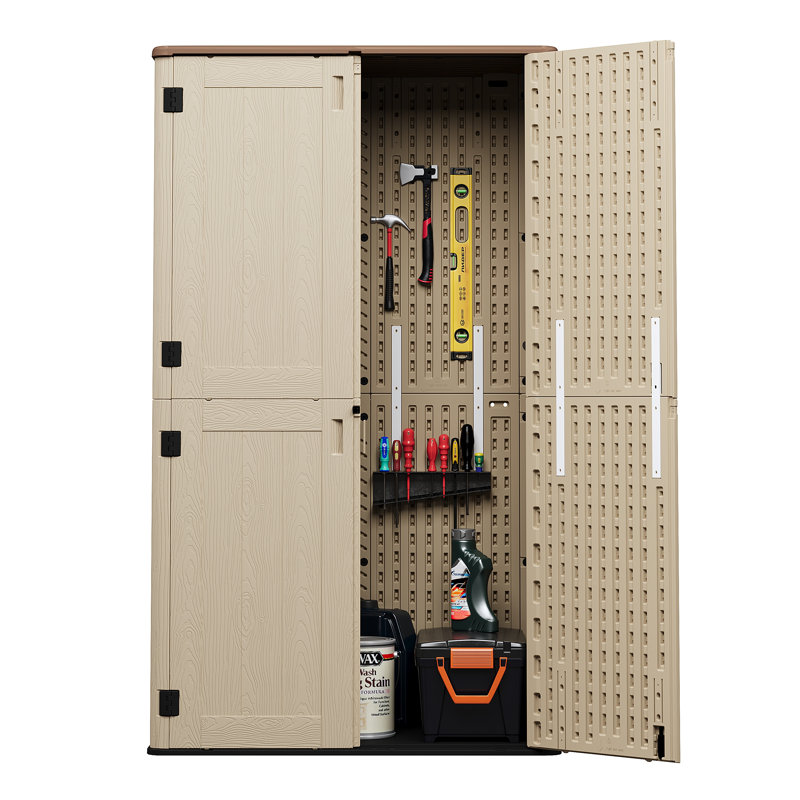 450 Gallons Vertical Lockable Resin Storage Cabinet, Khaki, Without Shelves, Khaki