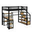 Lit mezzanine double en métal avec escalier, bureau intégré et tablettes