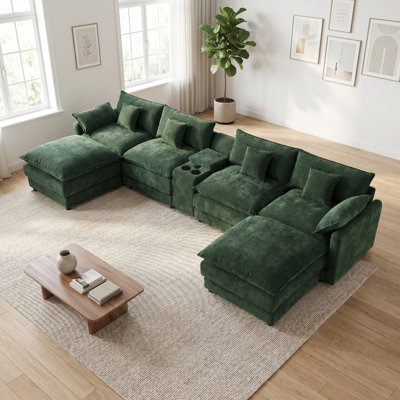 Canapé d'angle en chenille de 417 cm (164 pouces) avec assises profondes, 2 poufs amovibles, console de rangement, port de chargement USB et appuie-tête réglables.