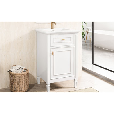 Meuble-lavabo blanc de 20 pouces avec lavabo intégré, tiroir fonctionnel et tablette intérieure réglable, autoportant pour lavabo d'invités, structure en bois d'hévéa massif, quincaillerie à fermeture en douceur, salles d'eau idéales
