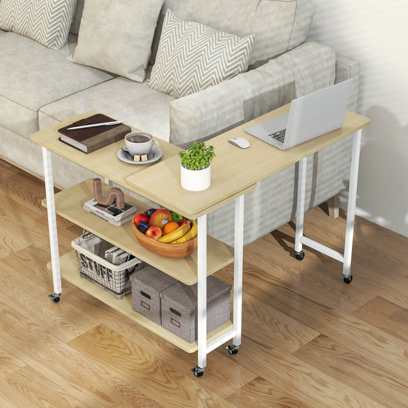 17 Storeys 360° Rotatable Sofa Side Table L-shaped Laptop Desk Snack Table Withshelf Patented, Natural/White